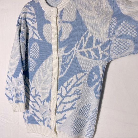 Vintage Blue White Leaf Print Jacquard Button Up Cardigan M - Picture 8 of 14